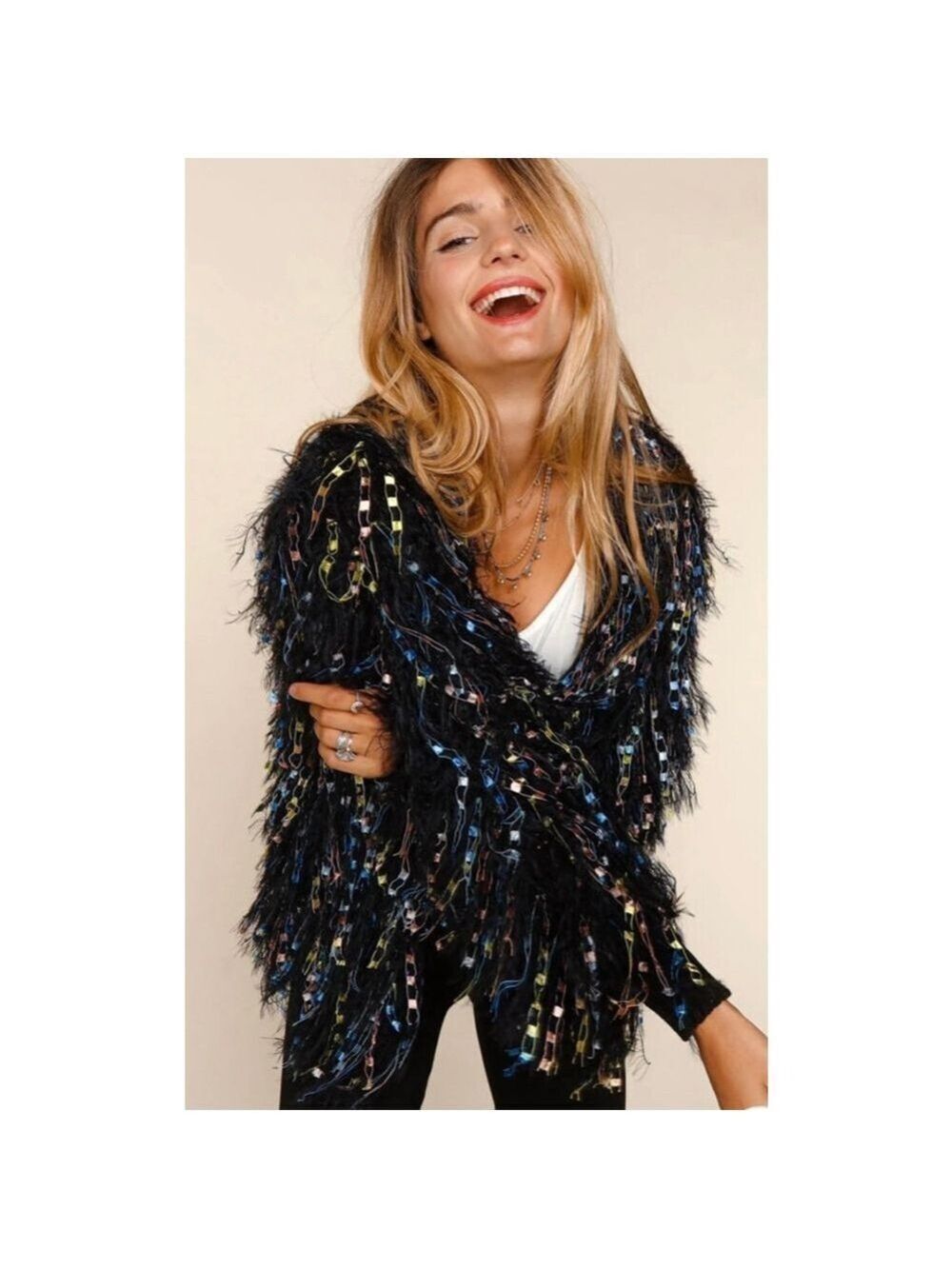 Haptics Long Sleeve Multicolor Fuzzy Fringe SweaterCardigan, Size L, Black Multi